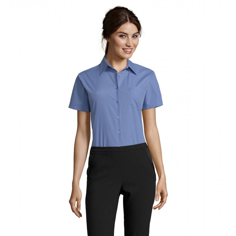 Sol's - Chemise femme popeline manches courtes ESCAPE - Bleu Moyen