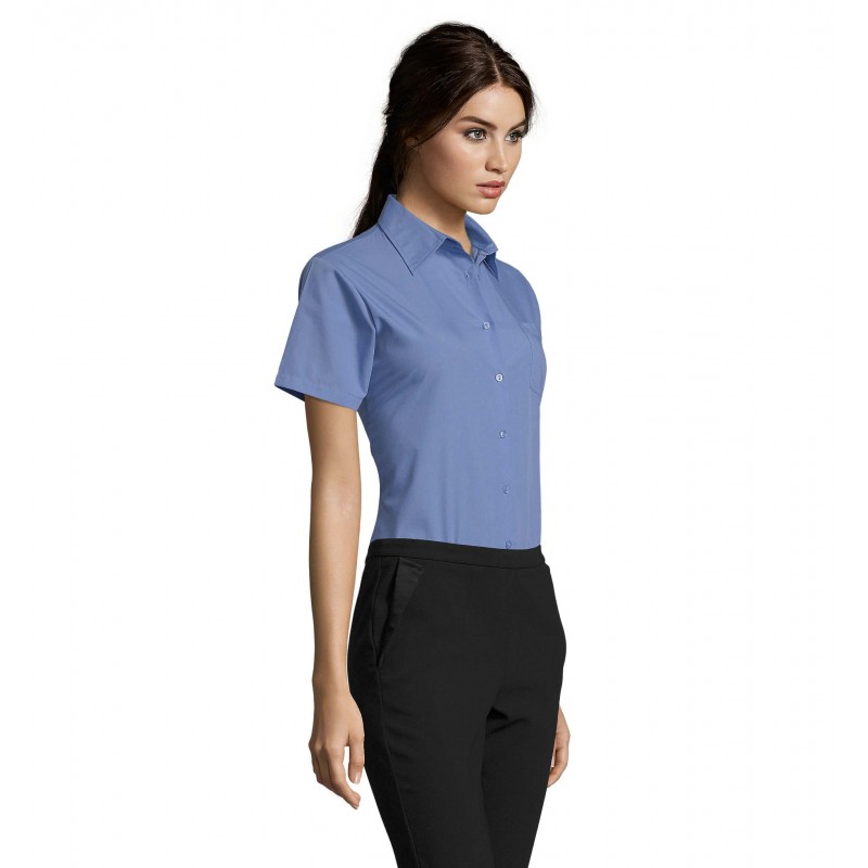 Sol's - Chemise femme popeline manches courtes ESCAPE - Bleu Moyen