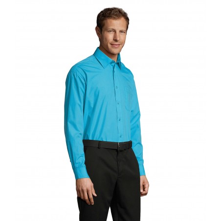 Sol's - Chemise homme popeline manches longues BALTIMORE - Bleu Atoll