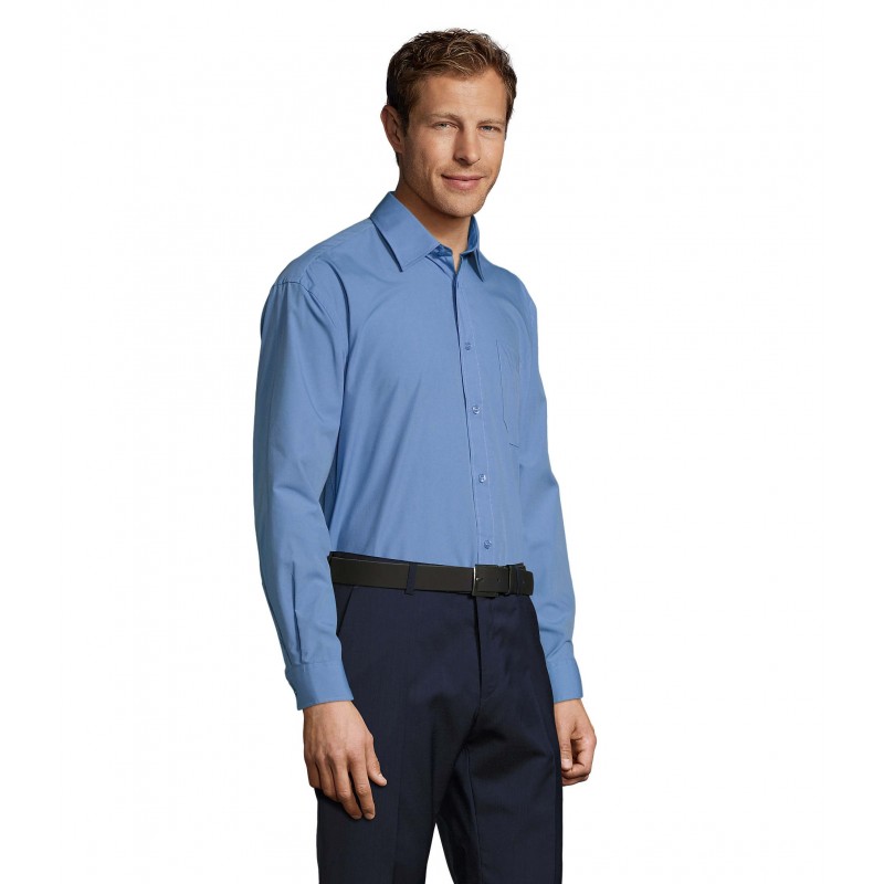 Sol's - Chemise homme popeline manches longues BALTIMORE - Bleu Moyen