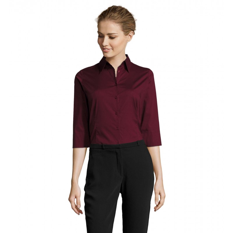 Sol's - Chemise femme stretch manches 3/4 EFFECT - Bordeaux Moyen