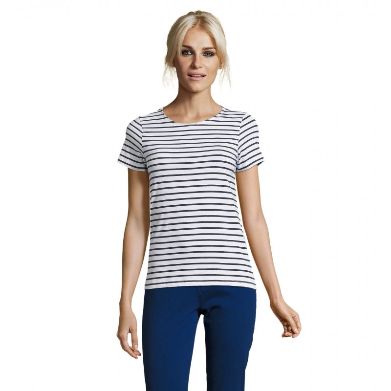 Sol's - Tee-shirt femme col rond rayé MILES WOMEN - Blanc / Marine