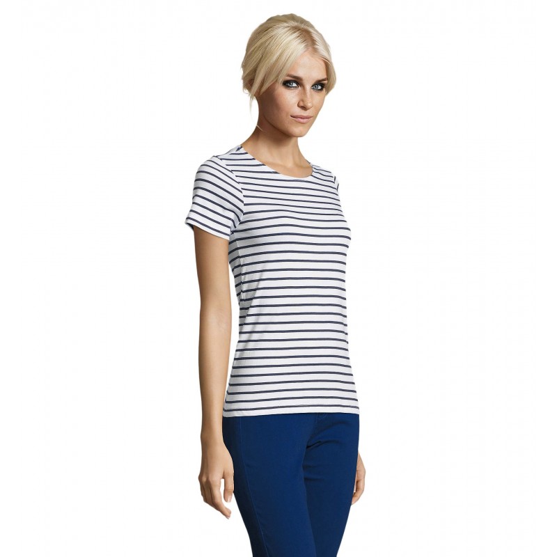 Sol's - Tee-shirt femme col rond rayé MILES WOMEN - Blanc / Marine