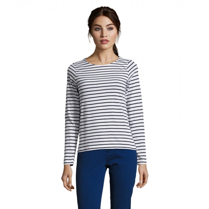 Sol's - Tee-shirt femme manches longues rayé MARINE WOMEN - Blanc / Marine