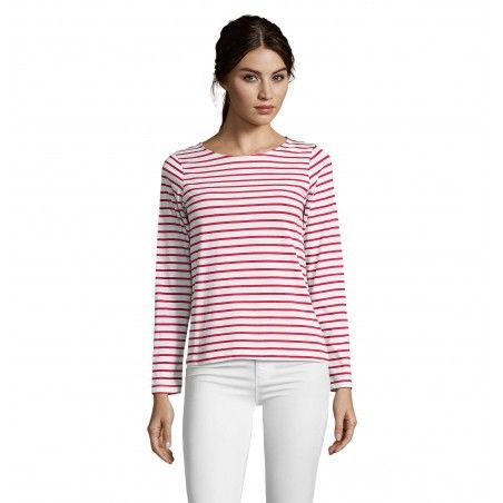 Sol's - Tee-shirt femme manches longues rayé MARINE WOMEN - Blanc / Rouge