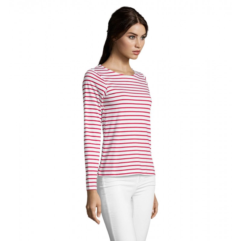 Sol's - Tee-shirt femme manches longues rayé MARINE WOMEN - Blanc / Rouge