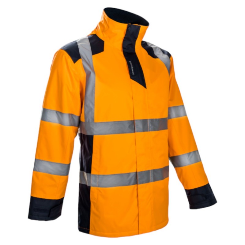 Coverguard - Parka chaude et légère imperméable et matelassée haute visibilité SOKOBIE orange et bleu marine