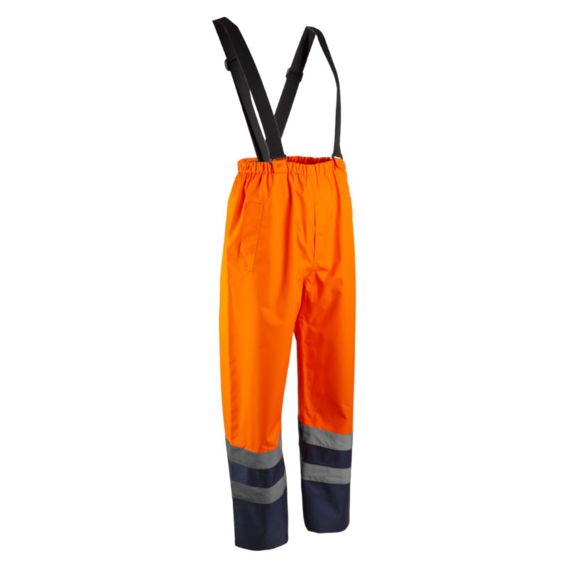 Coverguard - Pantalon de pluie avec bretelles élastiquées imperméable enduit PU haute visibilité HYDRA orange et bleu marine