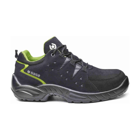 Base - Chaussures de sécurité basses en cuir velours noir et vert HARLEM S1PL