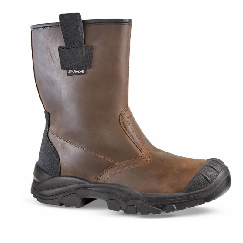 Aimont - Bottes de sécurité fourrées WOOL S3 marron en cuir pull-up hydrofuge spécial BTP avec embout acier